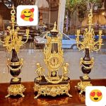 ساعت و شمعدان خروسی برنزی با سنگ مشکی