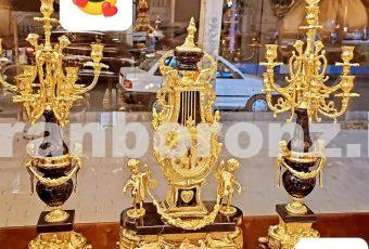 ساعت و شمعدان خروسی برنزی با سنگ مشکی