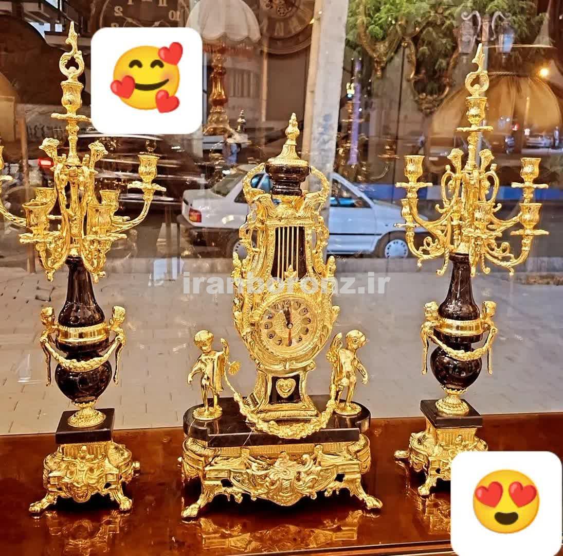 ساعت و شمعدان خروسی برنزی با سنگ مشکی